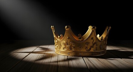 Golden crown casting shadow on wooden surface