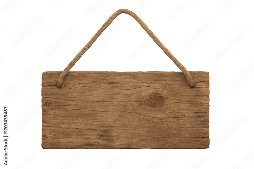 Poster empty wooden sign hanging with a rope on a transparent background, providing copy space for customiz