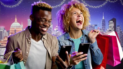 Laughing friends with smartphones and shopping bags, city skyline behind. Digital marketing, holiday sales, and joyful consumer campaigns - Powered by Adobe