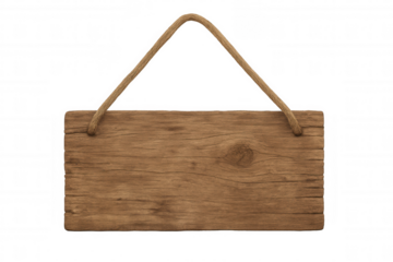 Empty wooden sign hanging with a rope on a transparent background, providing copy space for customization