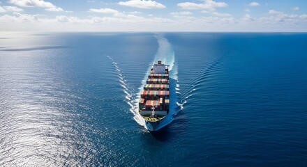 Large cargo ship sails across a vast blue ocean