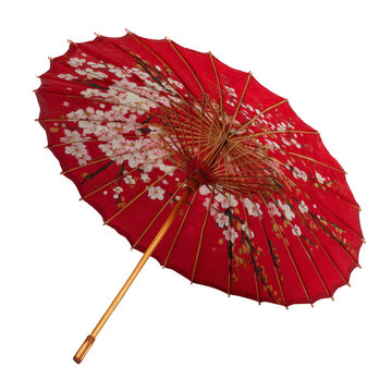 A red umbrella with cherry blossoms on it
