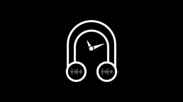 Minimalist Clock & Headphones Icon Animation &ndash; Over-Ear Headset Shape with Sound Waveforms, Audio Music Concept, 4K Motion Graphic Video.