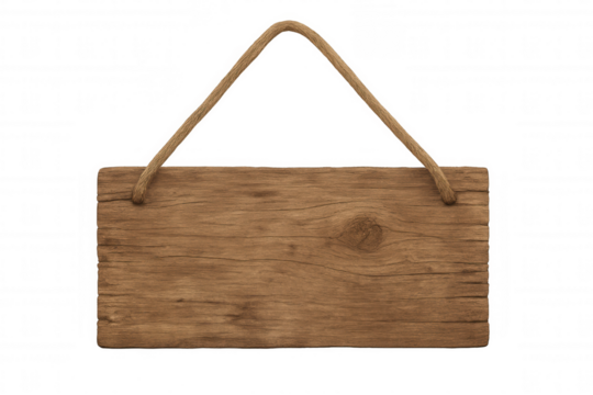 Empty wooden sign hanging with a rope on a transparent background, providing copy space for customization - Powered by Adobe