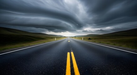 Stormy sky over a long open road