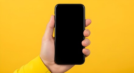 Hand holding black screen smartphone against bright yellow background