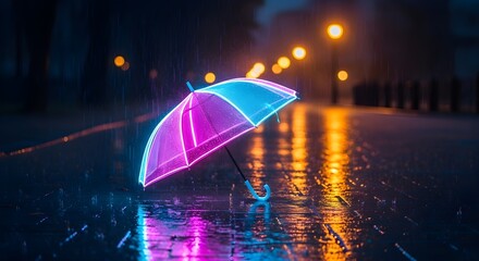 Neon umbrella reflecting on wet city street at night