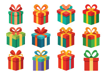 Twelve Colorful Gift Boxes with Bows for Holidays
