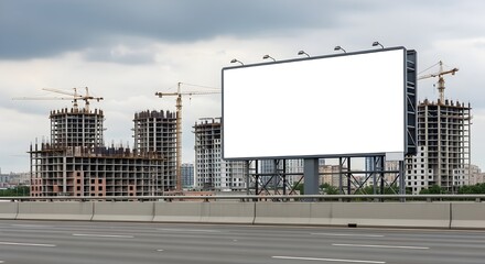 Blank billboard overlooking city construction site