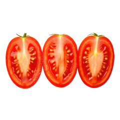 Three perfectly halved ripe roma tomatoes displaying vibrant red flesh and seeds