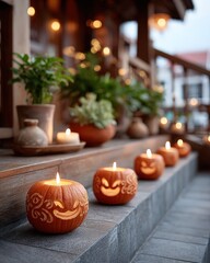 Charming Halloween Display with Carved Pumpkins and Glowing Candles on an Outdoor Step