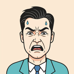 Anxious man with beads of sweat illustration shows frustration. Illustration of man in blue suit depicts stressed face in graphic design.