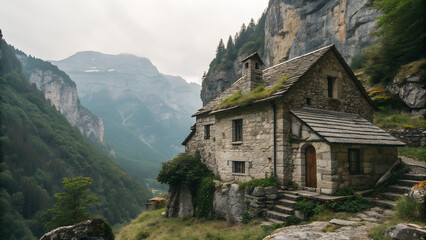 Fototapeta premium Old stone house nestled in a mountain valley with a view of distant peaks