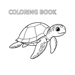 Black and white line art of a smiling sea turtle designed for a children's coloring book page illustration