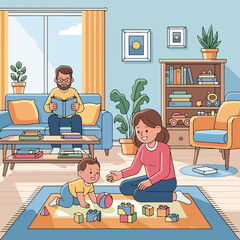 Living room play showing family at home with child and toys. Father reads book as part of living room play, and mother encourages child playing with toys on colorful carpet.