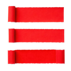 Three vibrant red paper strips with torn edges arranged neatly for design or craft projects