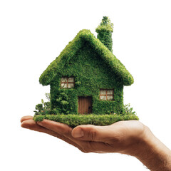 A hand is holding a house made of plants