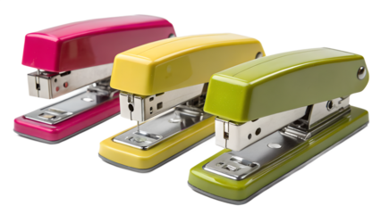 Vibrant colorful staplers isolated on white transparent background
