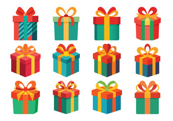 Twelve Colorful Cartoon Gift Boxes with Bows