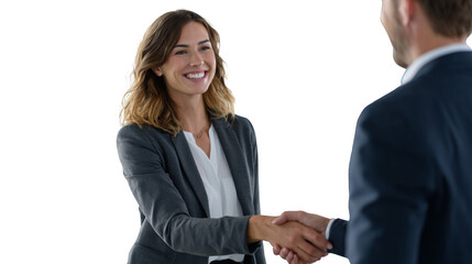 A woman shakes hands with a man in a suit