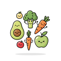 Cute food characters featuring happy apple, joyful avocado, smiling broccoli, and fun carrots. Cute food characters add charm and whimsy,