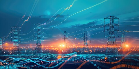 Night cityscape with illuminated city and power transmission towers, overlaid with stylized energy flow lines, creating a futuristic or technological feel