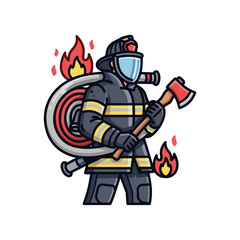 Firefighter illustration shows brave rescuer in uniform with axe, ready for action, firefighter illustration. Firefighter illustration includes equipment: hose, helmet and breathing apparatus.