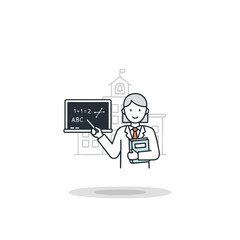 Back to School themed illustration featuring teacher with a chalkboard. Back to School character showing math equations and letters on blackboard, holding books near schoolhouse.