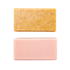 Two artisanal handmade soap bars stacked neatly one yellow one pink with natural ingredients and gentle cleansing properties