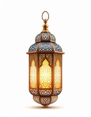 Intricate Gold Lantern with Geometric Patterns and Warm Glowing Light on White Background