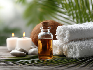 Relaxing spa setting with oil, towels, and candles for tranquility.