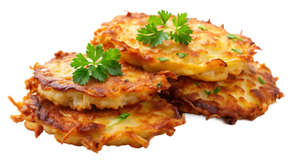 Stack of potato latkes isolated on transparent background with parsley garnish