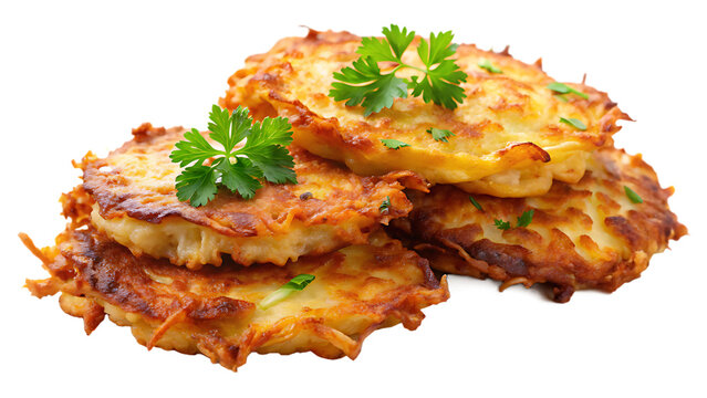 Stack of potato latkes isolated on transparent background with parsley garnish