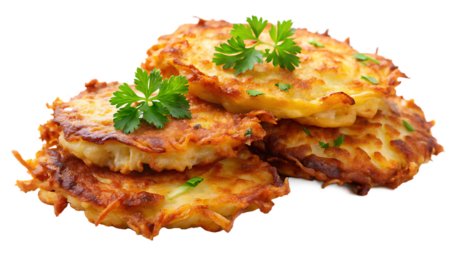 Stack of potato latkes isolated on transparent background with parsley garnish