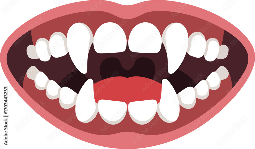 Poster cartoon vampire mouth with sharp fangs open wide vector illustration on transparent backdrop