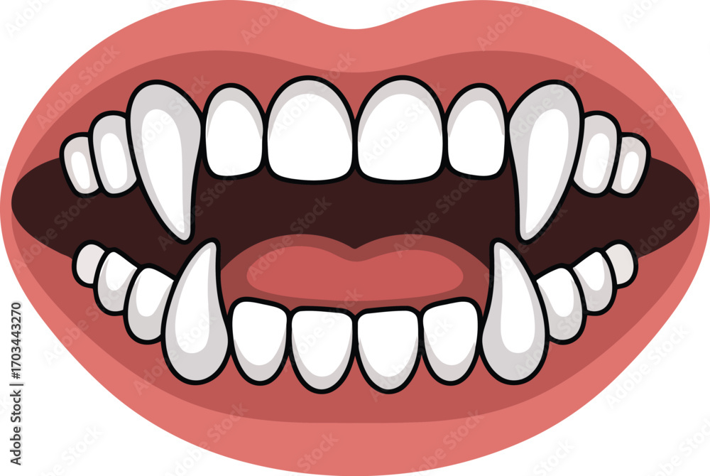 Poster cartoon vampire mouth with sharp fangs open wide vector illustration on transparent backdrop