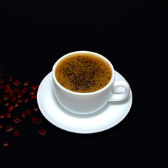 Coffee cup with coffee beans closeup view on black background 