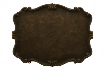 Bronze memorial plaque featuring intricate vintage frame, resting on transparent backdrop, offering clean design workspace