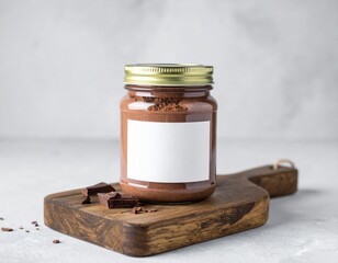 Glass Jar of Chocolate Spread on Wooden Board with Empty Label Against Gray Background