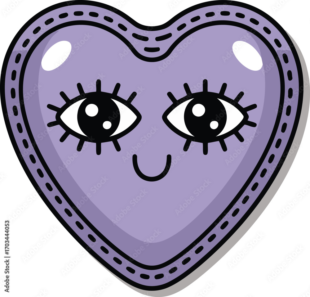 Poster cute heart character illustration with smiling face and stitched border on transparent backdrop