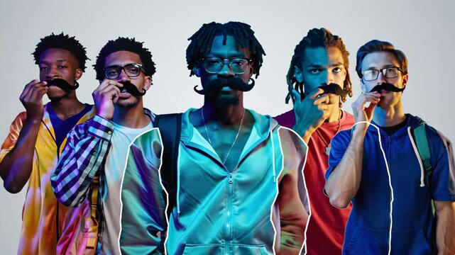 Studio portrait of five men with fake mustaches celebrating Movember. Symbol of male solidarity and health awareness during the Movember month