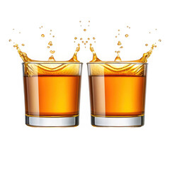 Two amber whiskey glasses clinking together with splashes for celebration toast