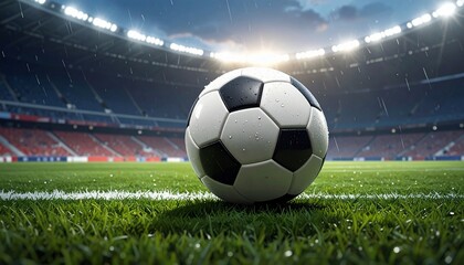 Rainy Night Football Game: Soccer Ball on the Field