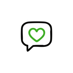 Black outline speech bubble with a green heart inside