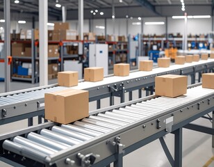Cardboard boxes on conveyor belts in a large warehouse