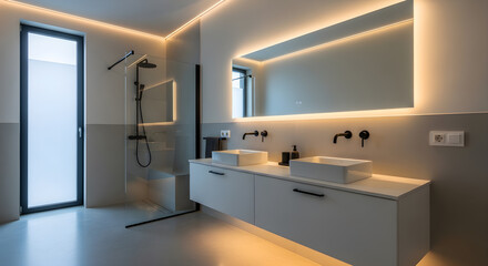 A modern bathroom with a double vanity, vessel sinks, and ambient LED lighting.