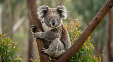 Adorable koala clings to eucalyptus tree branch, gazing curiously with fluffy ears and soft fur in a beautiful natural setting