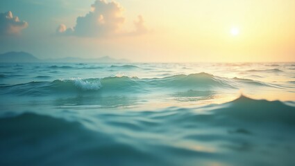 Obraz premium Ocean waves at sunset with distant islands