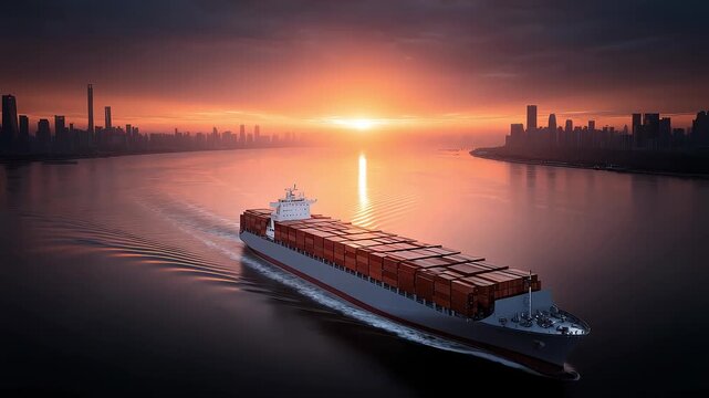 Container Ship Sailing in City Waters at Sunset