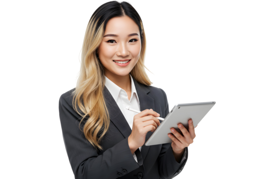Young businesswoman confidently uses a tablet for work, showcasing professionalism and technology in a bright studio setting